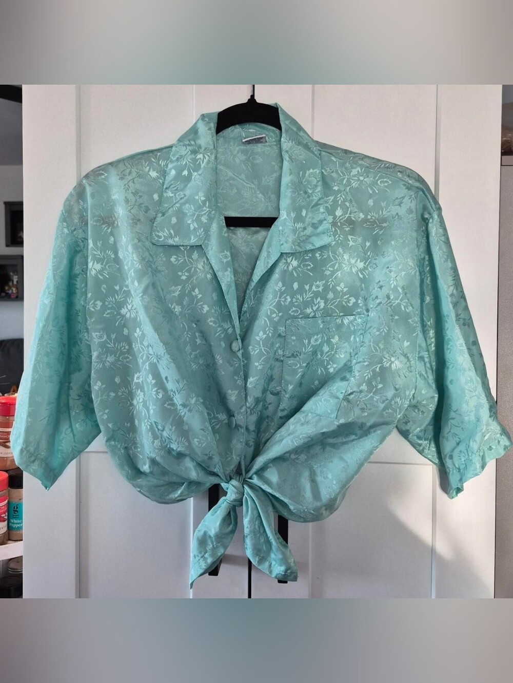 Light Aqua Floral Satin Tie-Front Women’s Top